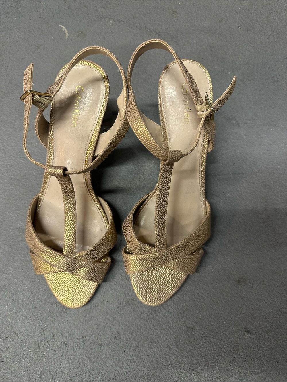 Calvin Klein Metallic Gold Like New Size 10 T-Strap Heels